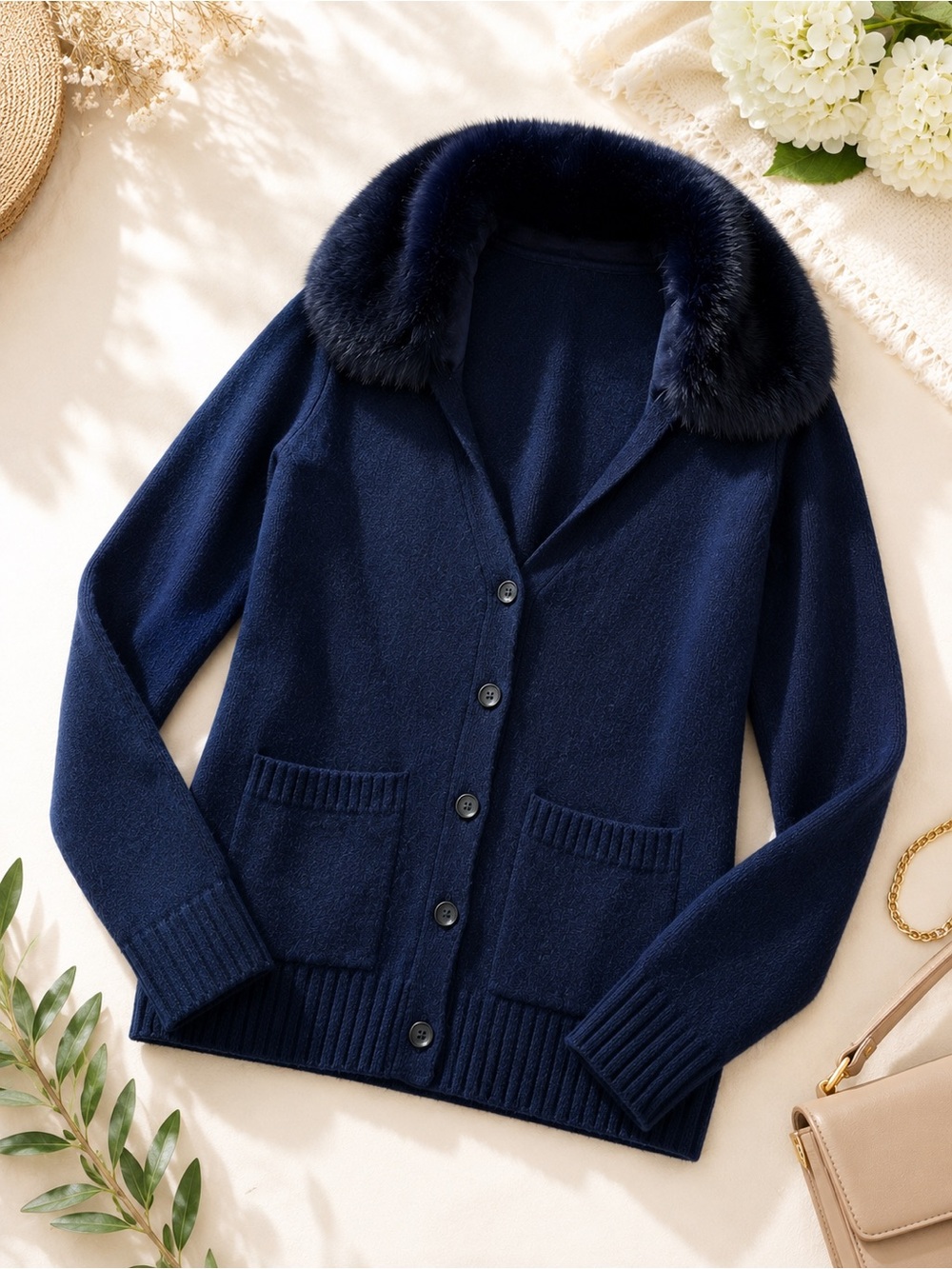 Banana Republic Merino Wool Blend Faux Fur Collar Cardigan Navy Small